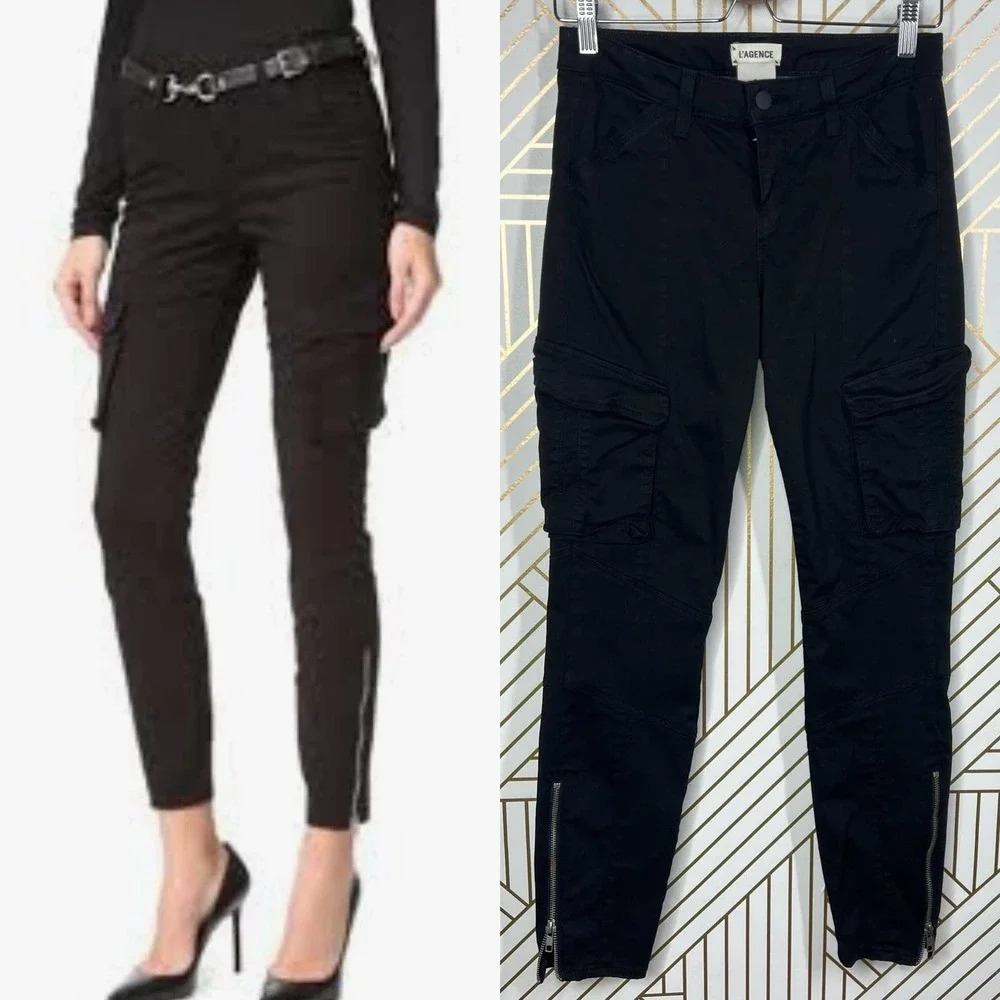 L'Agence Montgomery Skinny‎ Cargo Pants In Black Noir Size US 26